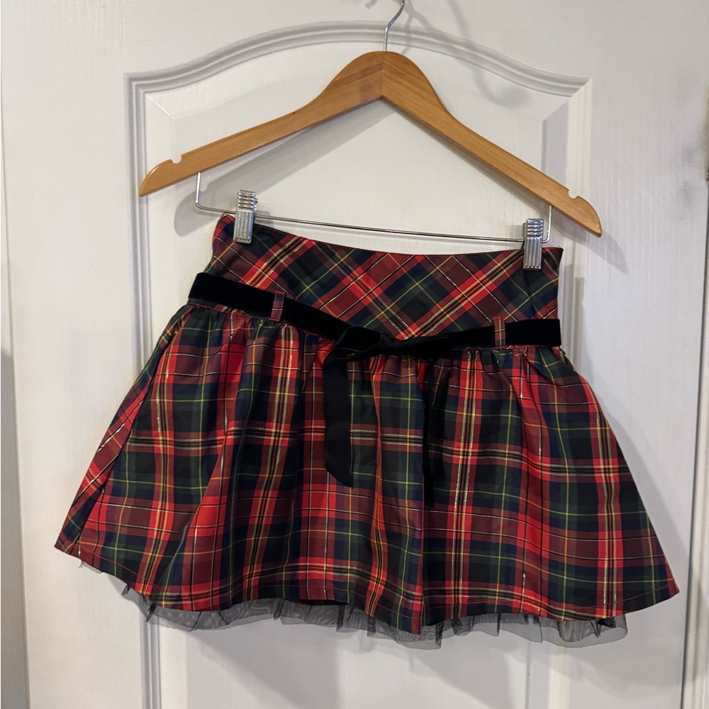 Justice Kids Red Plaid Holiday Skirt with a Tulle Under and  Black Velvet Trim
